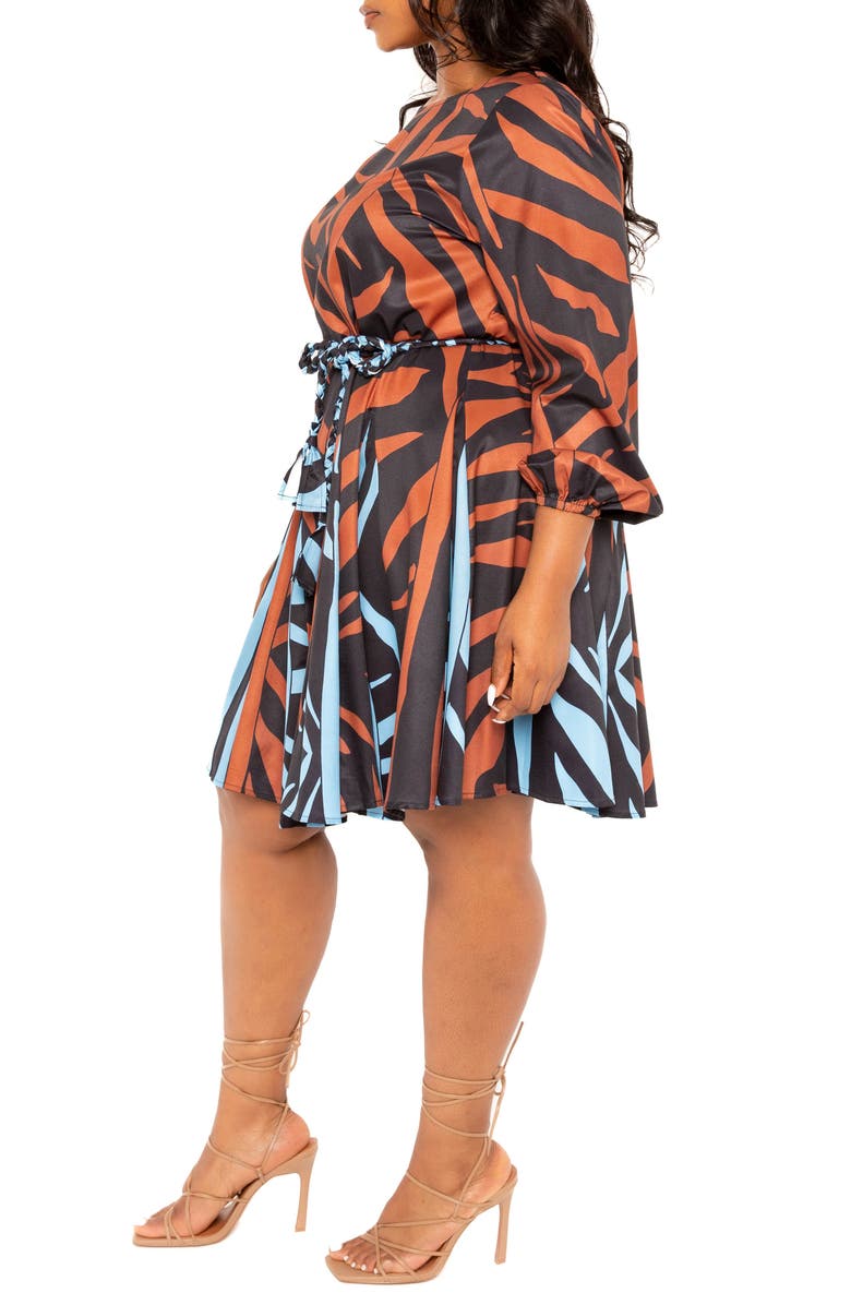 BUXOM COUTURE Bishop Sleeve Belted Fit & Flare Dress, Alternate, color, Brown Multi