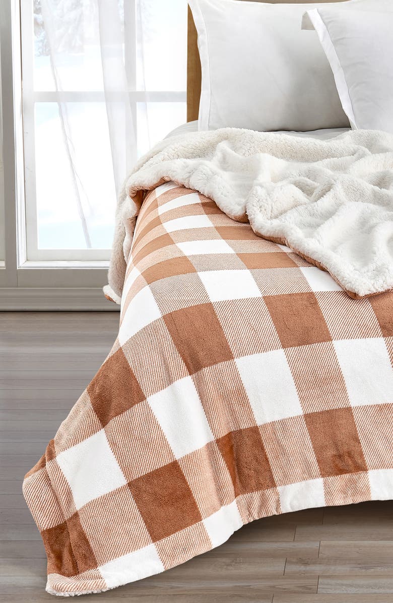 Woven & Weft Reversible Faux Shearling Blanket, Alternate, color, Terracotta Buffalo Checks