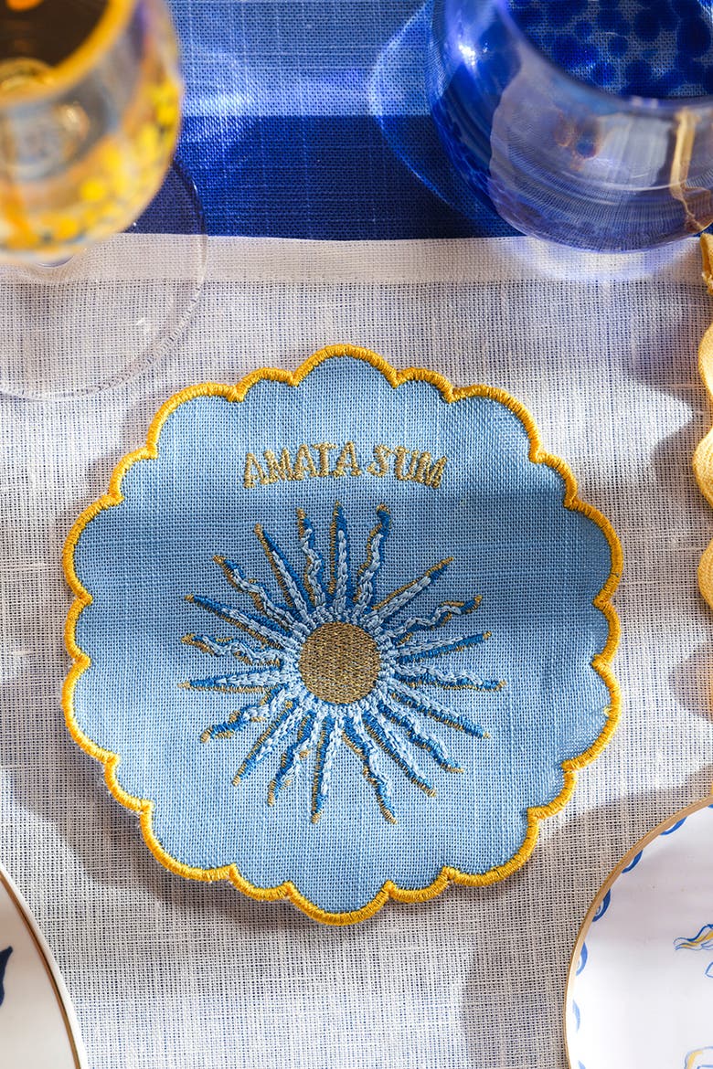Nilufer 4 Pcs Digital Printed Overlocked Embroidered 100% Cotton Coaster Set, Alternate, color, Blue