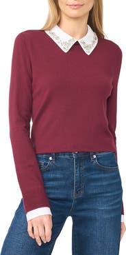 CeCe Jewel Collar Twofer Sweater