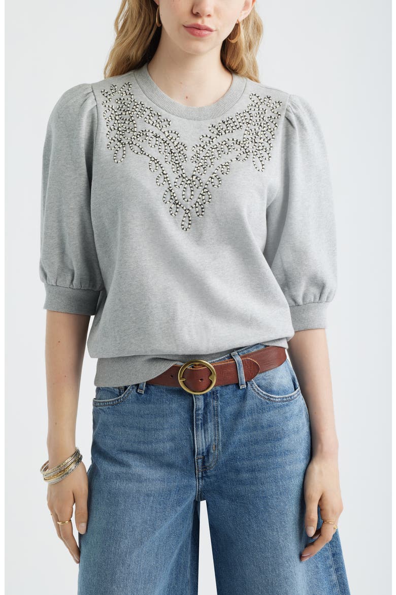 Embroidered Puff Sleeve Sweatshirt, Main, color, GREY HEATHER EMBROIDERY