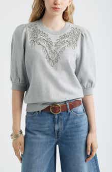 Embroidered Puff Sleeve Sweatshirt