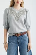 Treasure & Bond Embroidered Puff Sleeve Sweatshirt