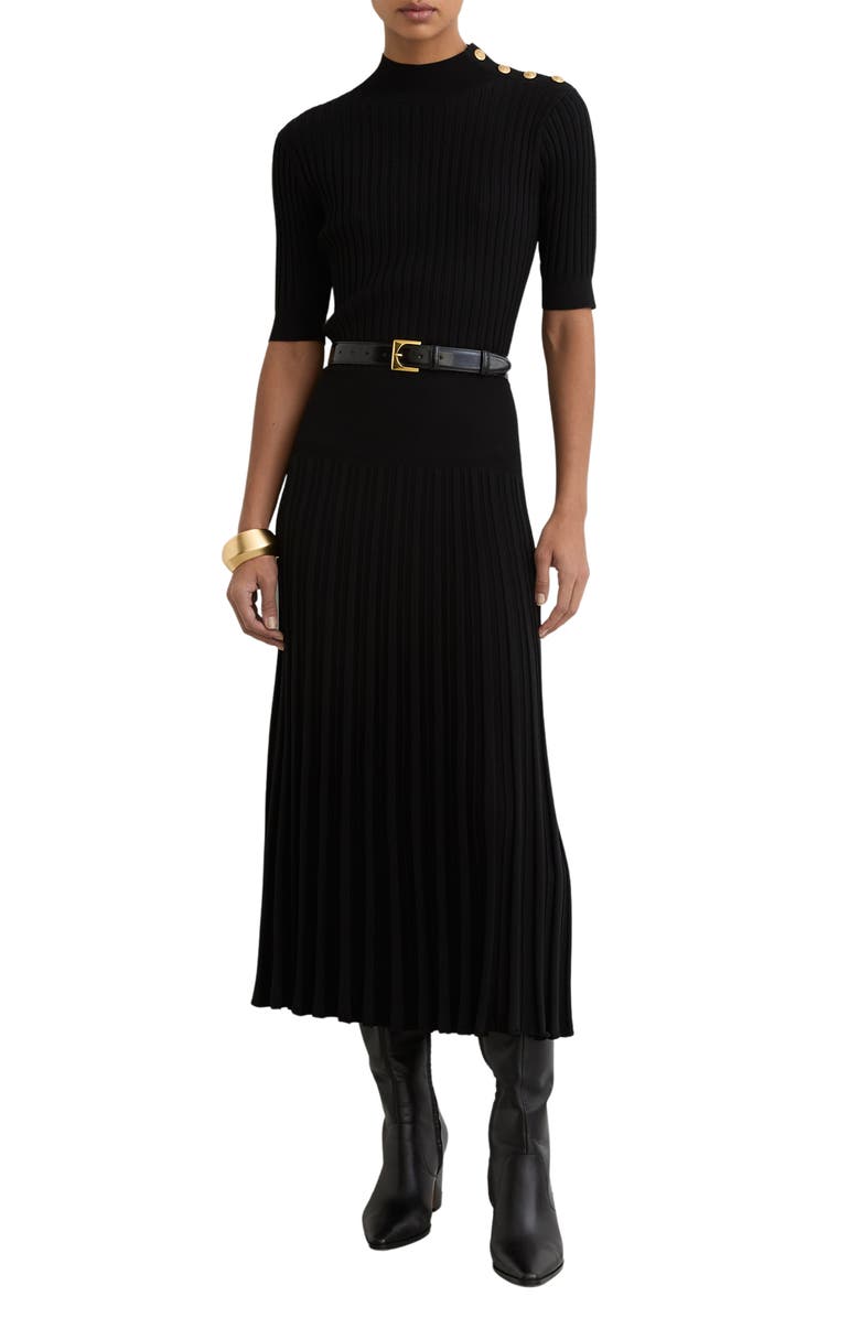 Reiss Harriet Ribbed Pleated A-Line Dress, Main, color, Black