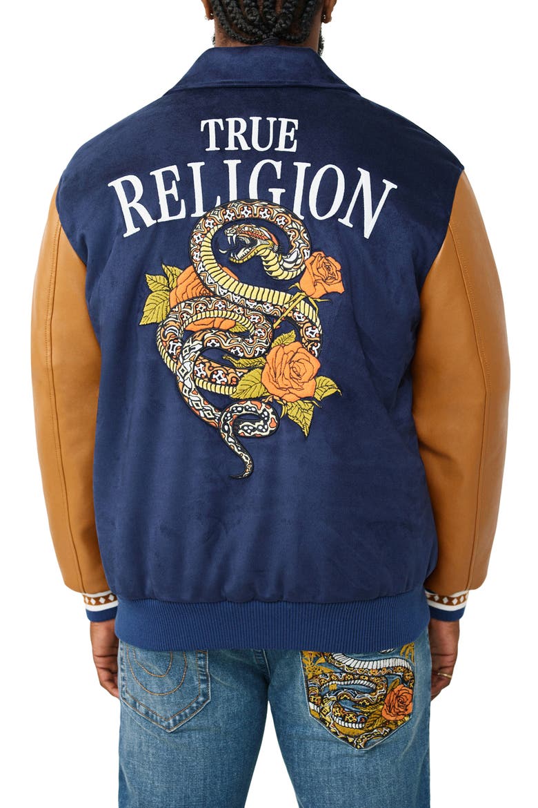 Serpent Bomber Jacket, Alternate, color, LAPIS BLUE / INCA GOLD
