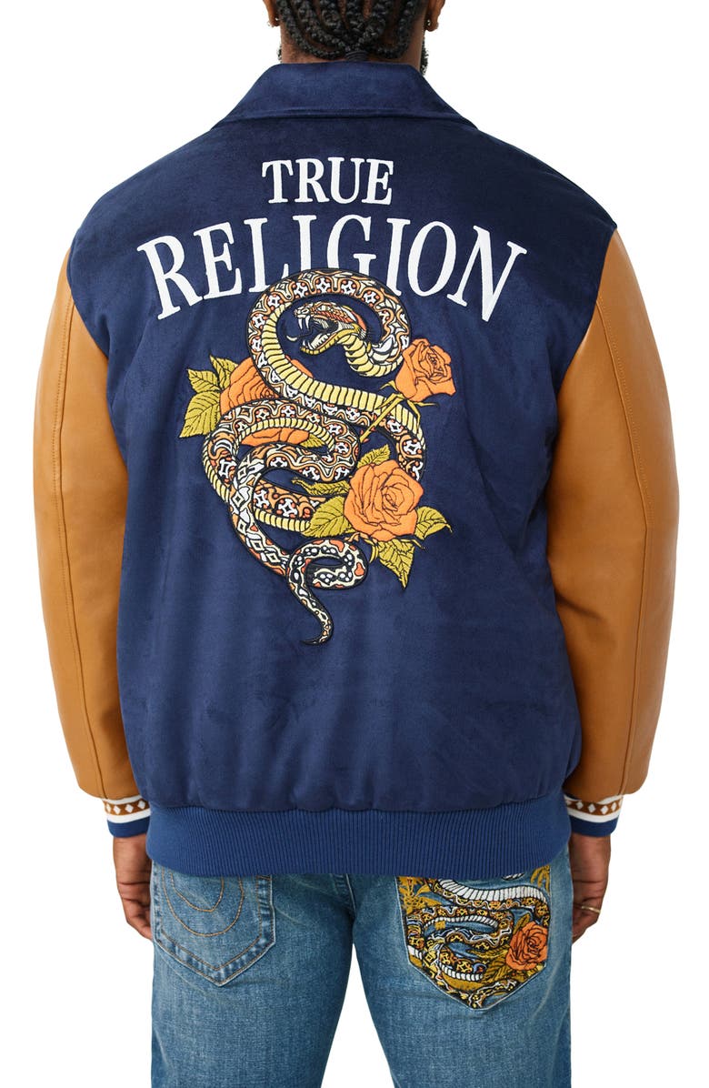 True Religion Serpent Bomber Jacket, Alternate, color, Lapis Blue / Inca Gold