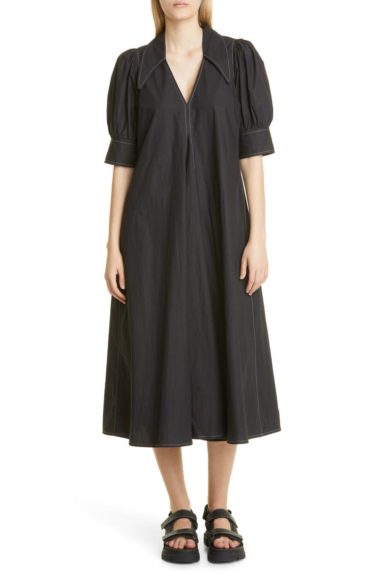 Point Collar Cotton Poplin Maxi Dress, Main, color, BLACK