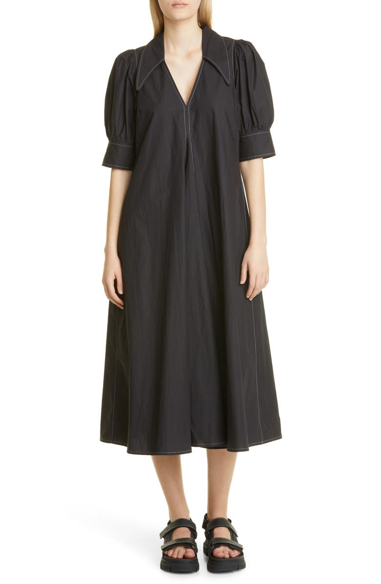 Ganni Point Collar Cotton Poplin Maxi Dress, Main, color, 