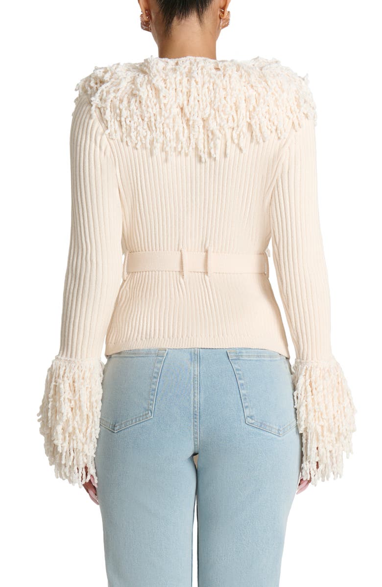 Naked Wardrobe Fringe Tie Waist Chenille Cardigan, Alternate, color, Bone