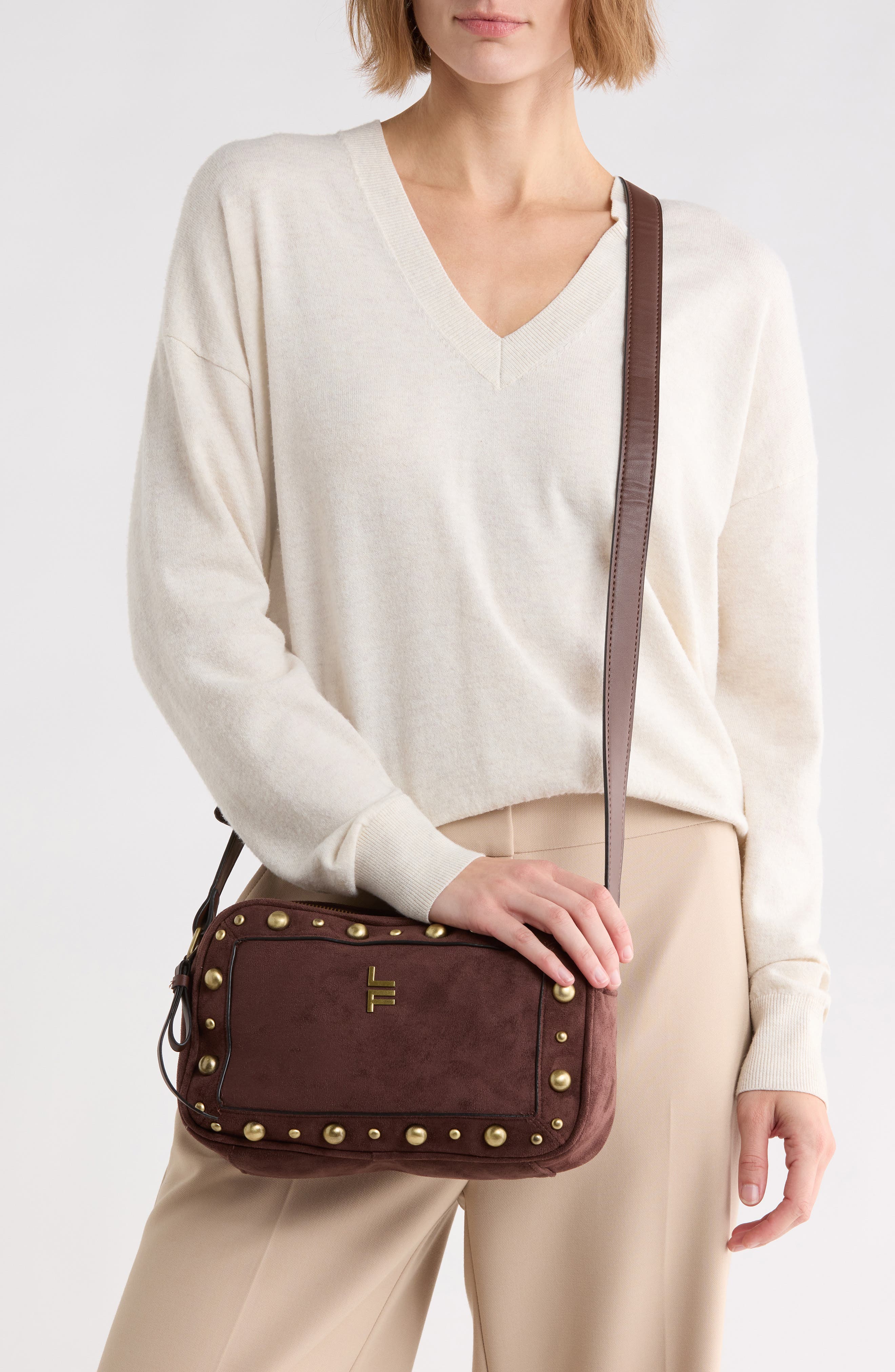 Faux Suede Bubble Studs Camera Bag, Alternate, color, CHOCOLATE