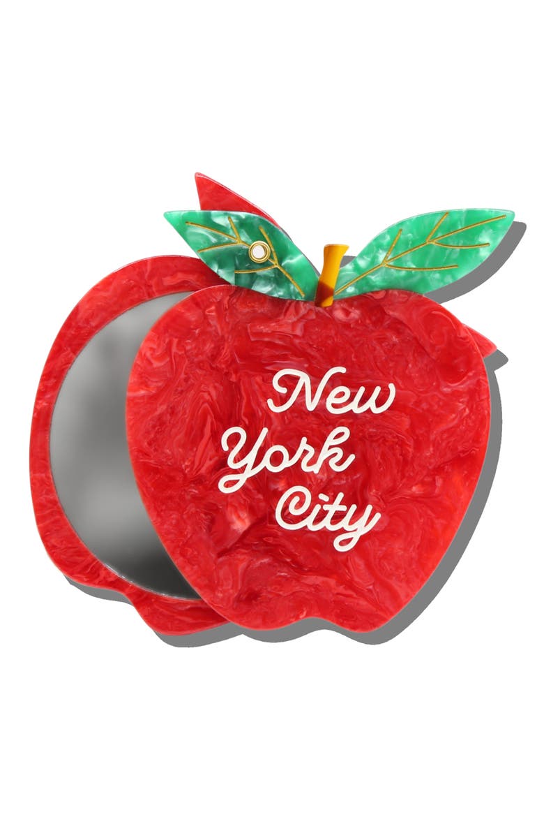 Hand-Painted New York Apple Compact Mirror, Main, color, RED