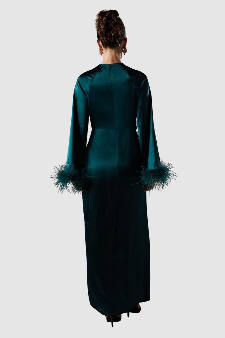 feather trim satin swing dress Black Warehouse Premium Satin Feather High Neck Swing Mini Dress