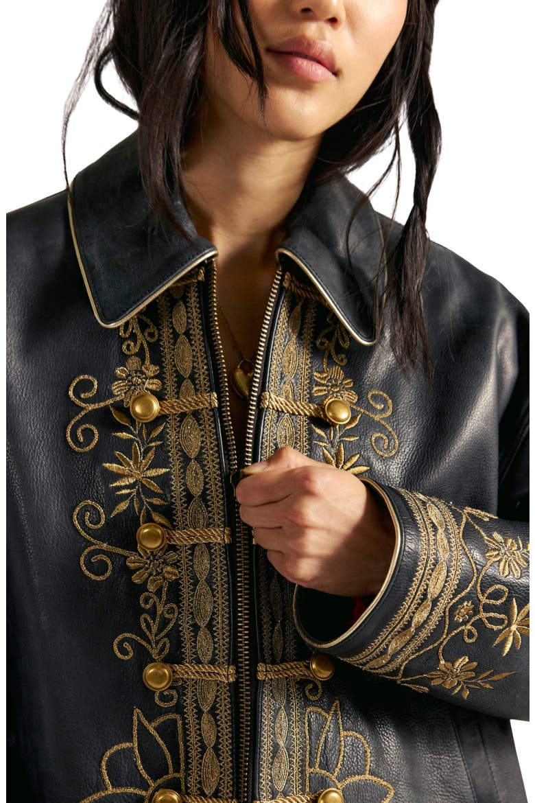 Lana Embroidered Leather Jacket, Alternate, color, BLACK