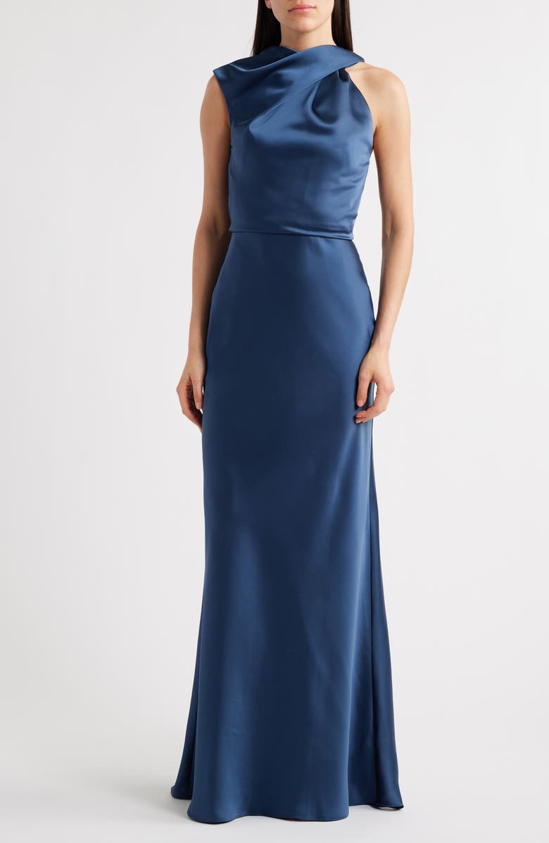 Amsale Asymmetric Neck Satin Gown, Main, color, French Blue