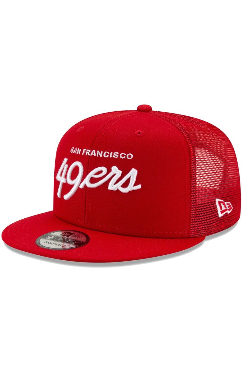 New Era Men's New Era Scarlet San Francisco 49ers Script Trucker 9FIFTY Snapback Hat, Main, color, 