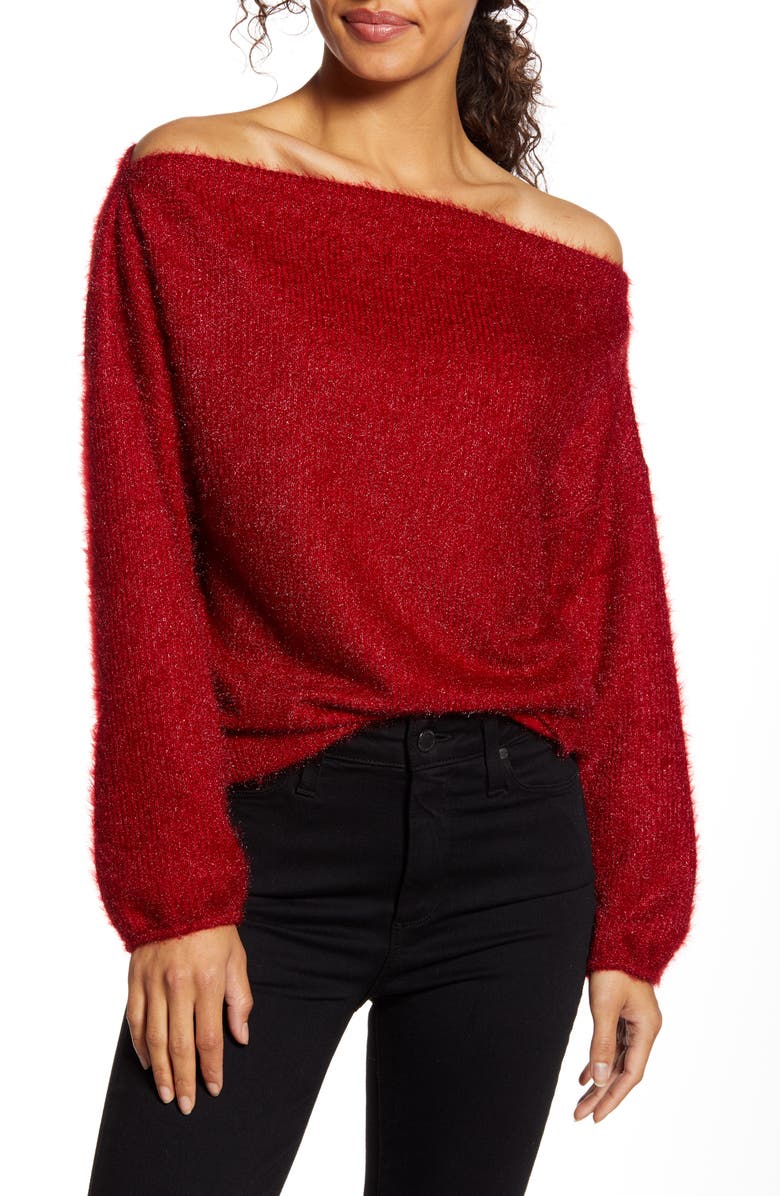 GIBSONLOOK Gibson x Glam Blushing Rose Anna Off the Shoulder Soft Holiday Sweater, Main, color, 