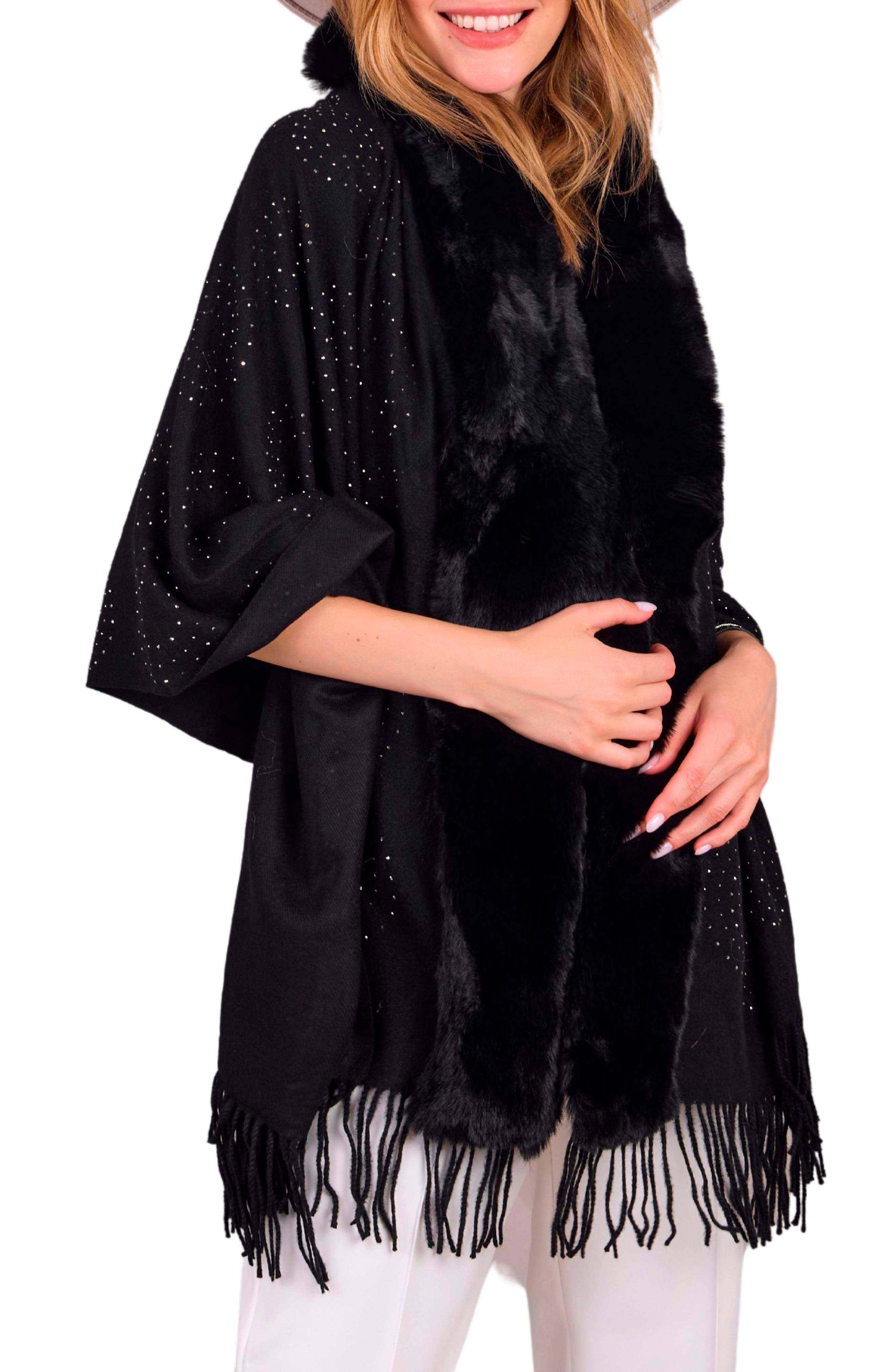 SAACHI Rhinestone Ruana with Faux Fur Trim