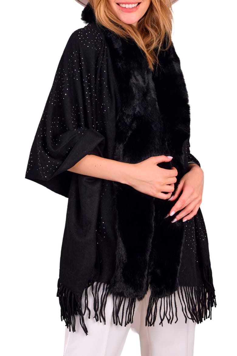 Rhinestone Ruana with Faux Fur Trim, Main, color, BLACK