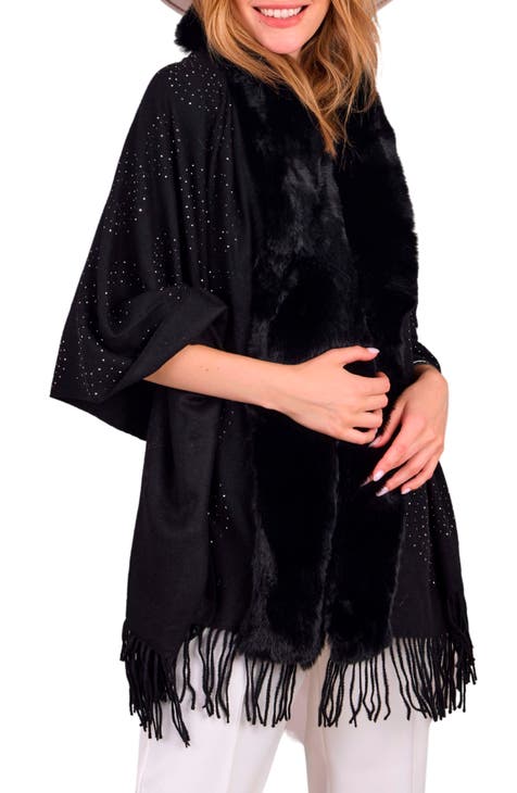 Rhinestone Ruana with Faux Fur Trim