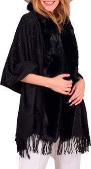 SAACHI Rhinestone Ruana with Faux Fur Trim