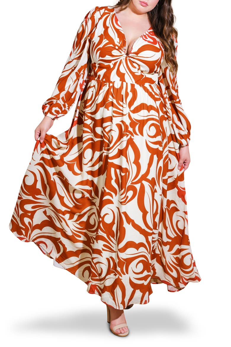 Printed Long Sleeve Maxi Dress, Main, color, IVORY BROWN
