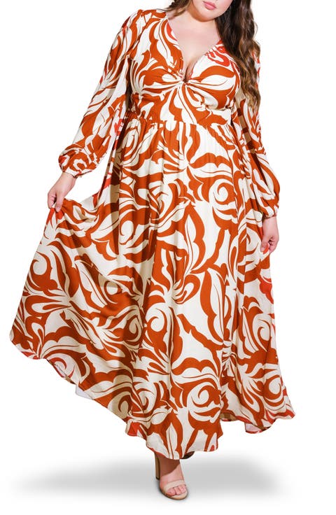 Printed Long Sleeve Maxi Dress (Plus)