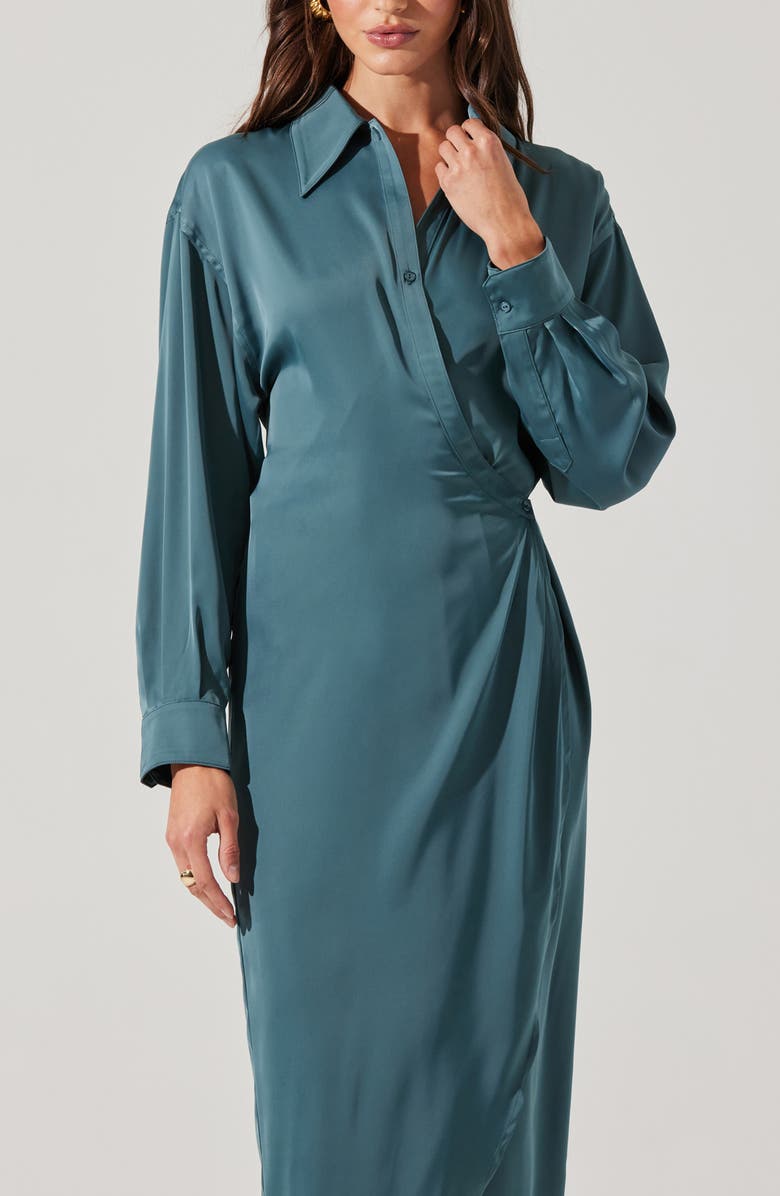 ASTR the Label Ira Long Sleeve Satin Shirtdress, Alternate, color, Dark Sage
