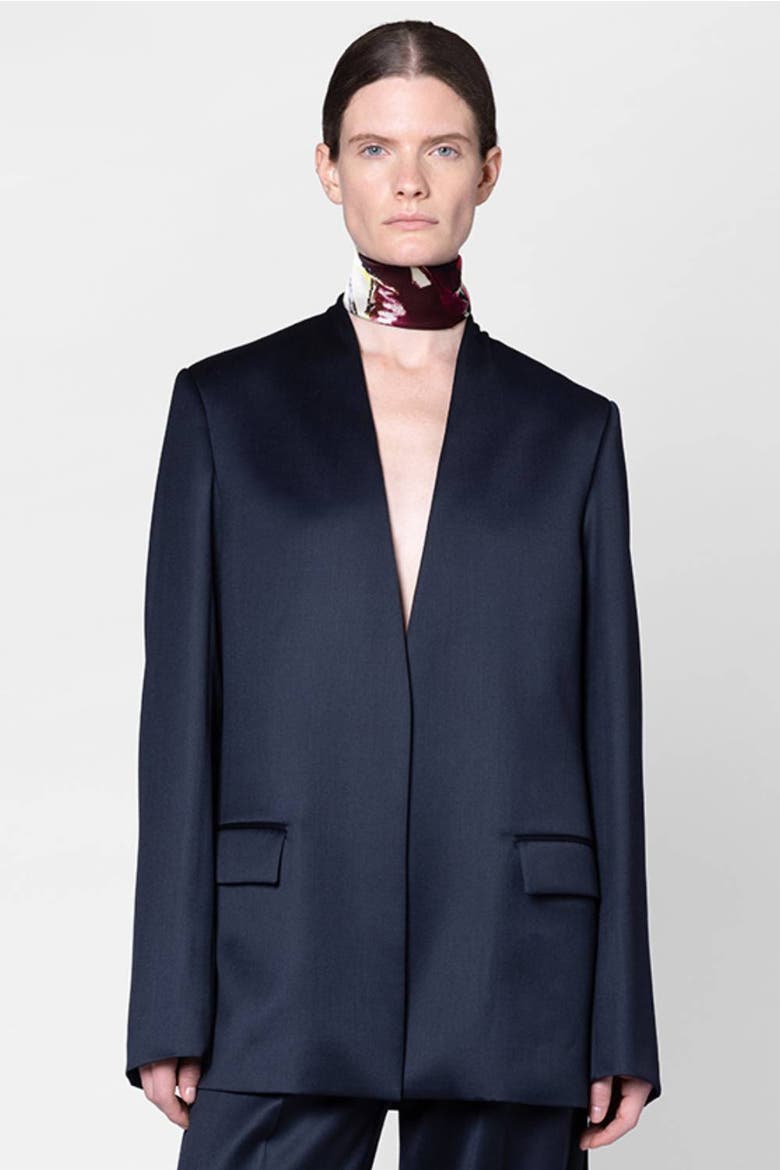 Selma Gathered Back Satin Suit Jacket, Alternate, color, Navy