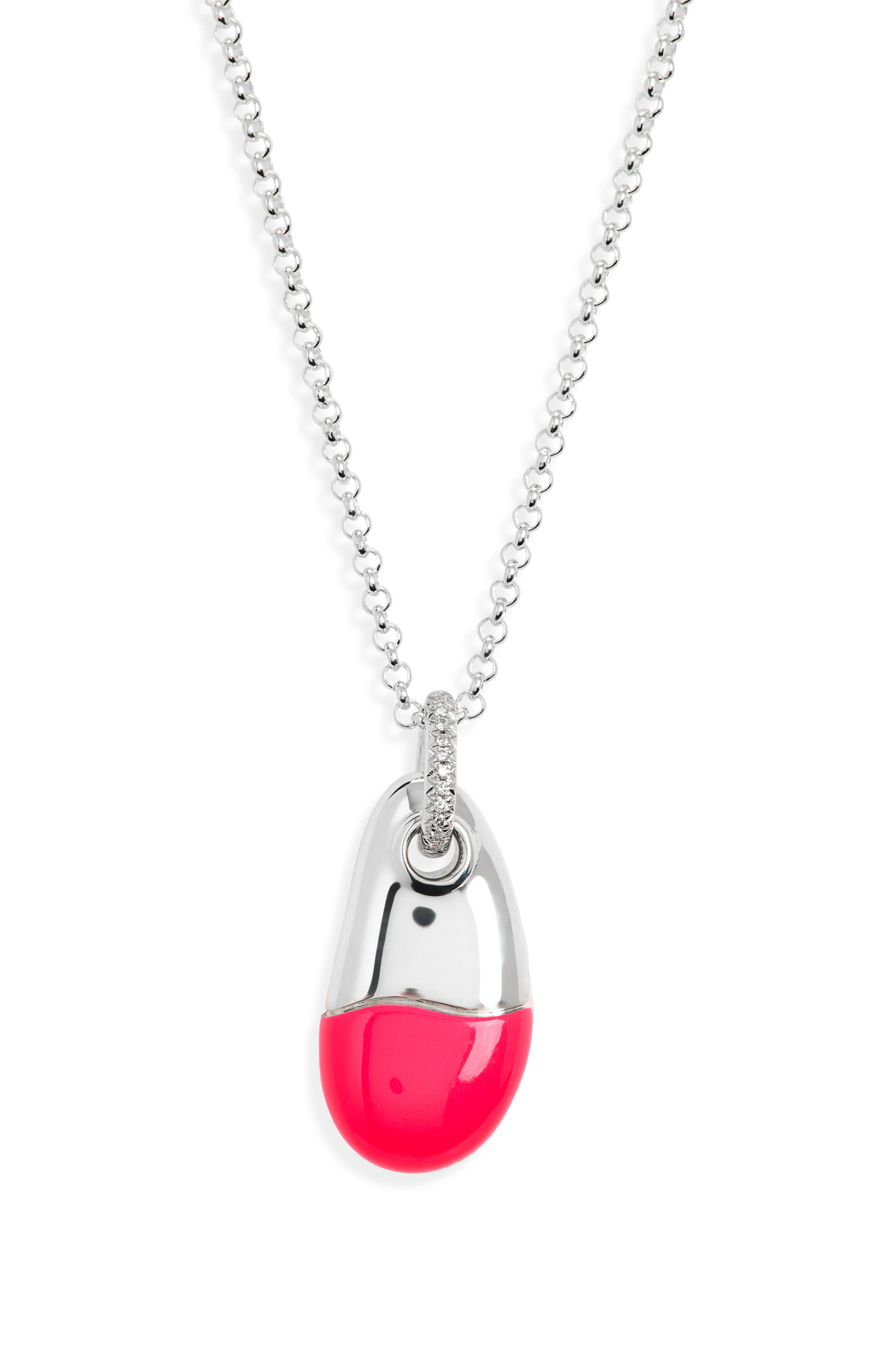 John Hardy Pebble Silver Diamond Pavé (0.04ct) Pendant on 2mm Rolo Chain Necklace with Neon Pink Enamel