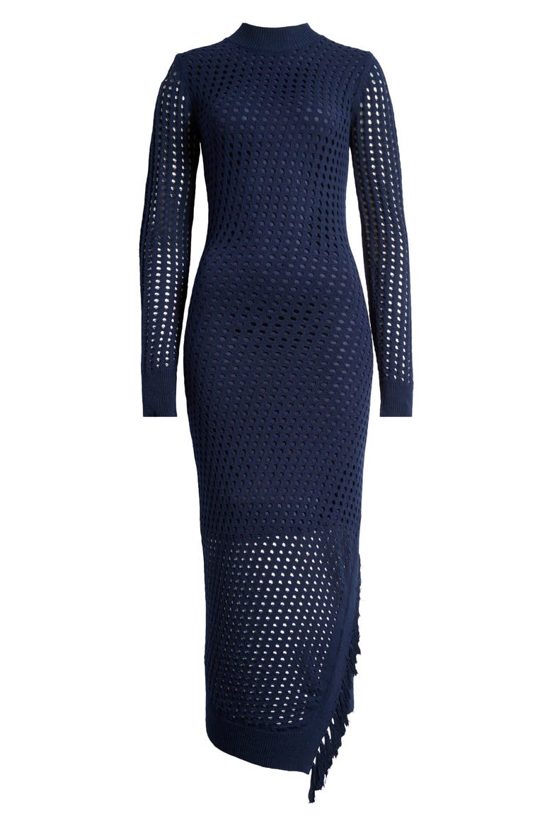 Open Stitch Fringe Long Sleeve Asymmetric Sweater Dress, Alternate, color, EVENING BLUE