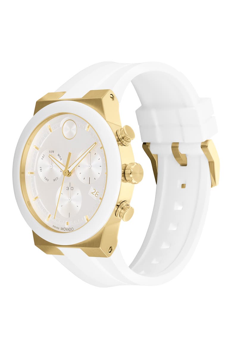 Bold Fusion Chronograph Silicone Strap Watch, 44mm, Alternate, color, GOLD / WHITE
