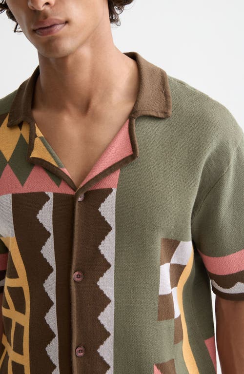 Scotch & Soda Oversize Geo Jacquard Knit Cotton Blend Camp Shirt In Green