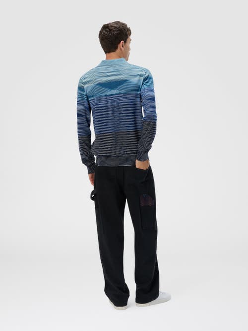 Missoni Long Sleeve Polo In Pure Wool With Flame Pattern In Blue