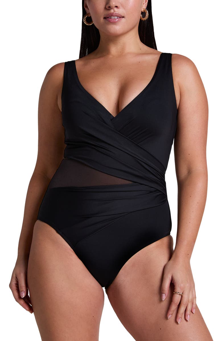 Hunkemöller Shaping Shell Mesh Swimsuit, Main, color, Black