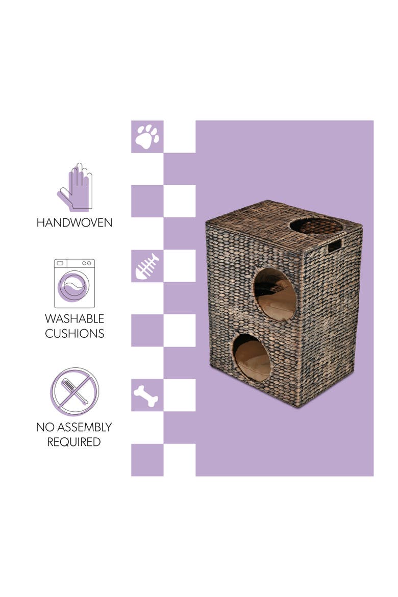 Jaxon 18" 2-Tier Handwoven Hyacinth Rectangular 5-Hole Cat Condo, 2 Machine-Washable Cushions, Alternate, color, Brown
