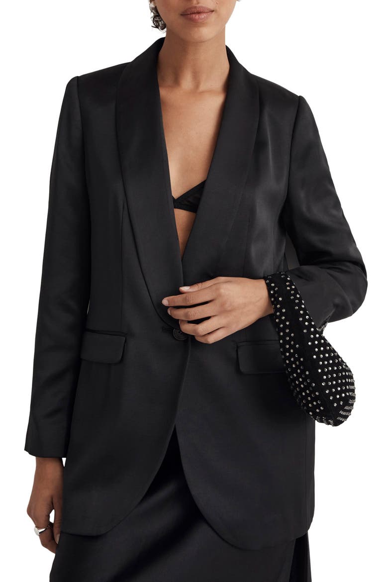 Oversize Satin Blazer, Main, color, TRUE BLACK