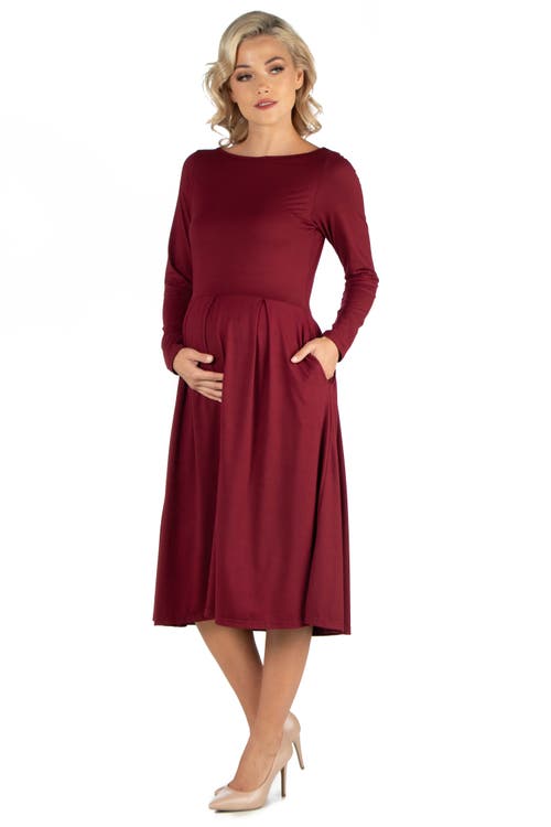 24seven Comfort Apparel Maternity Midi Length Fit And Flare Pocket Dress In Burgundy