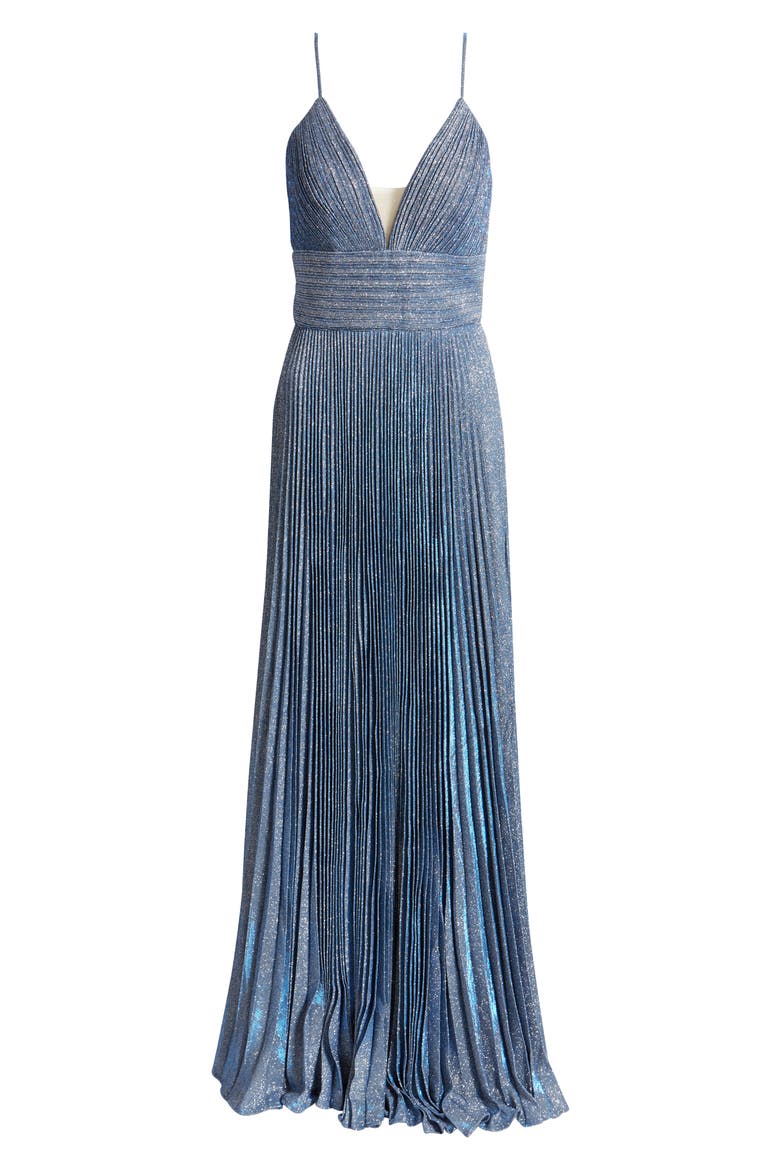 Shimmer Pleated V-Neck Gown, Alternate, color, ROYAL SILVER