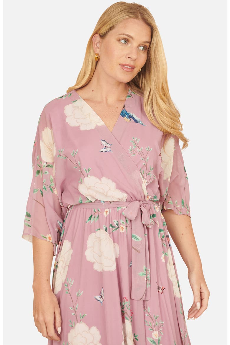 Bird And Floral Print Midi Wrap Dress, Alternate, color, Pink