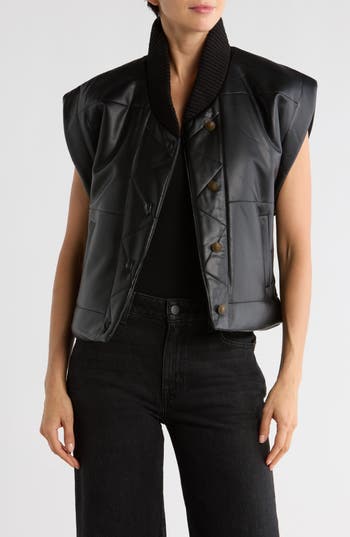 Truth Faux Leather Cap Sleeve Quilted Vest In Black