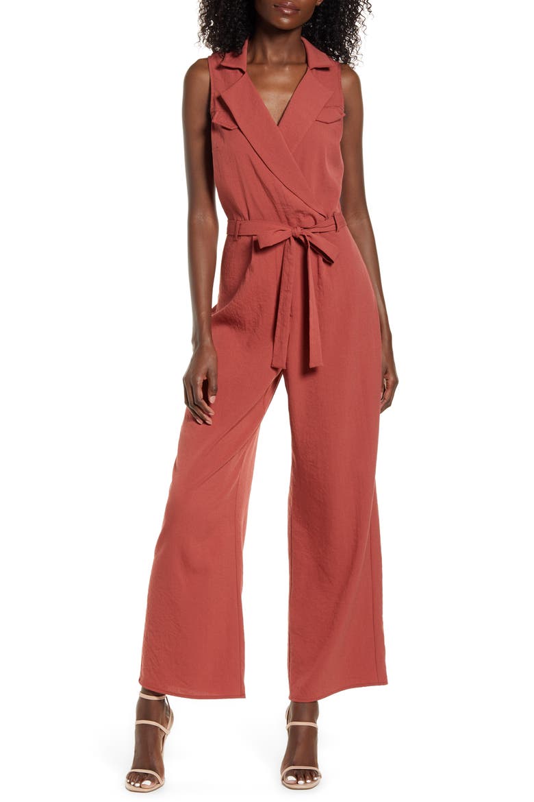 Sleeveless Tie Waist Jumpsuit, Main, color, RUST