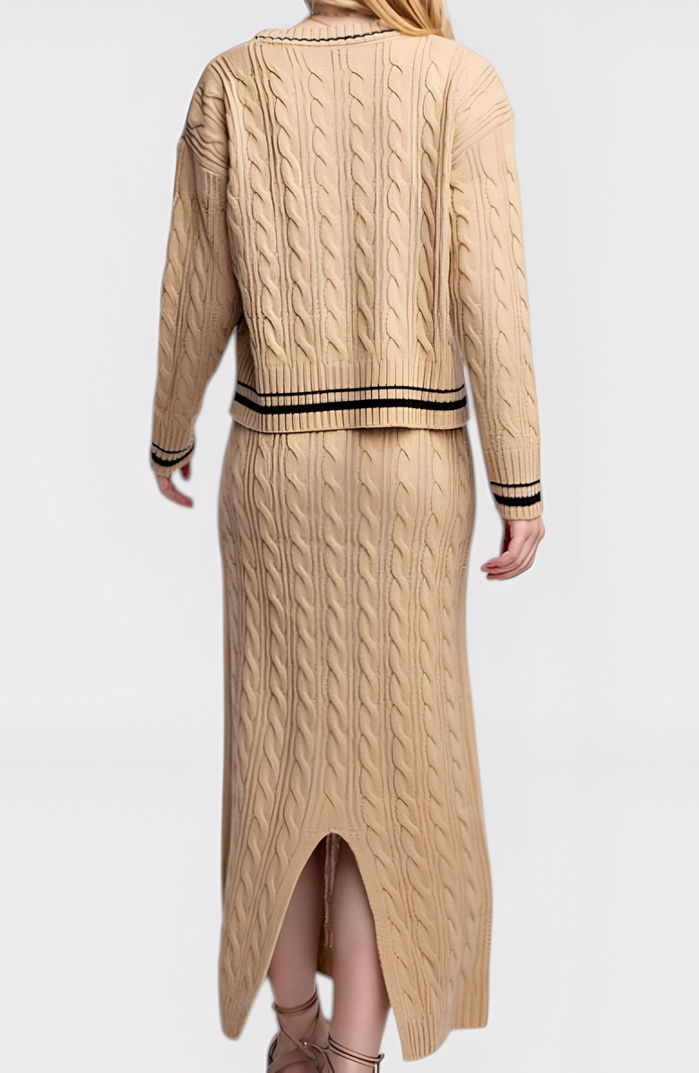 Modenaire Cable Knit Cardigan & Maxi Skirt Set with Striped Trim and Button Detail, Alternate, color, 