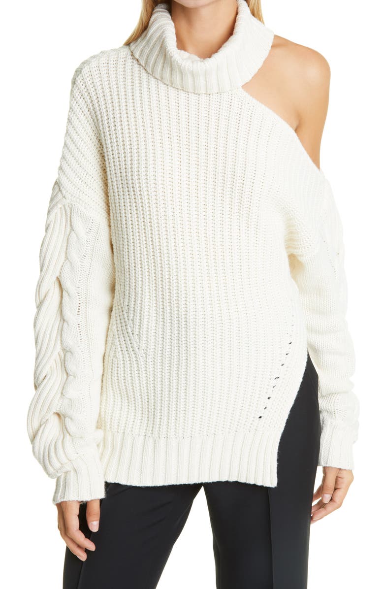 Simkhai Jonathan Simkhai Aubrey Traveling Cold Shoulder Cable Knit Turtleneck Sweater, Main, color, 