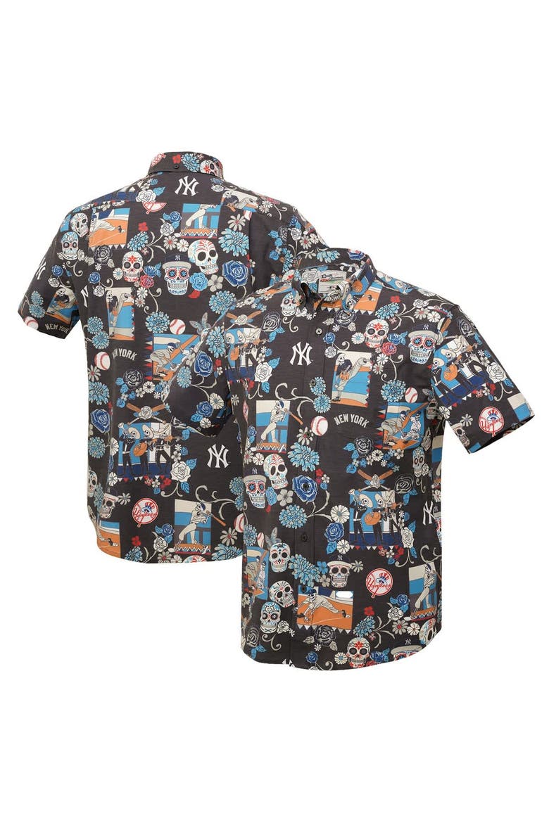Men's Reyn Spooner Black New York Yankees Día De Los Muertos Tri-Blend Button-Down Shirt, Main, color, Black