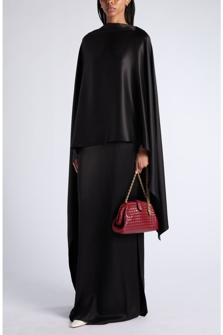 Fluid Silk Satin Cape Maxi Dress, Alternate, color, DOUBLE BLACK