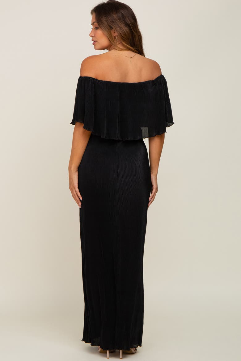 Pleated Ruffle Off Shoulder Maxi Dress, Alternate, color, Black
