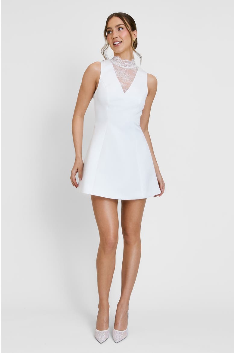 Lace High Neck A-line Mini Dress, Alternate, color, White