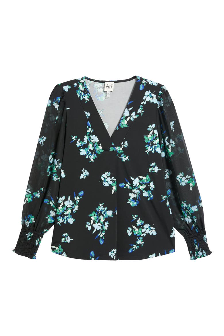 Smocked Cuff V-Neck Top, Alternate, color, ANNE BLACK MULTI