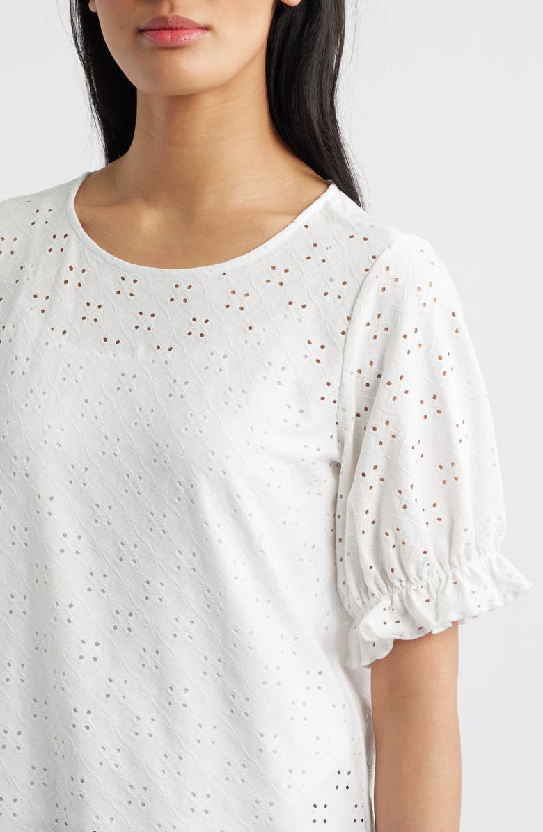 Bobeau Elbow Sleeve Eyelet Top, Alternate, color, White