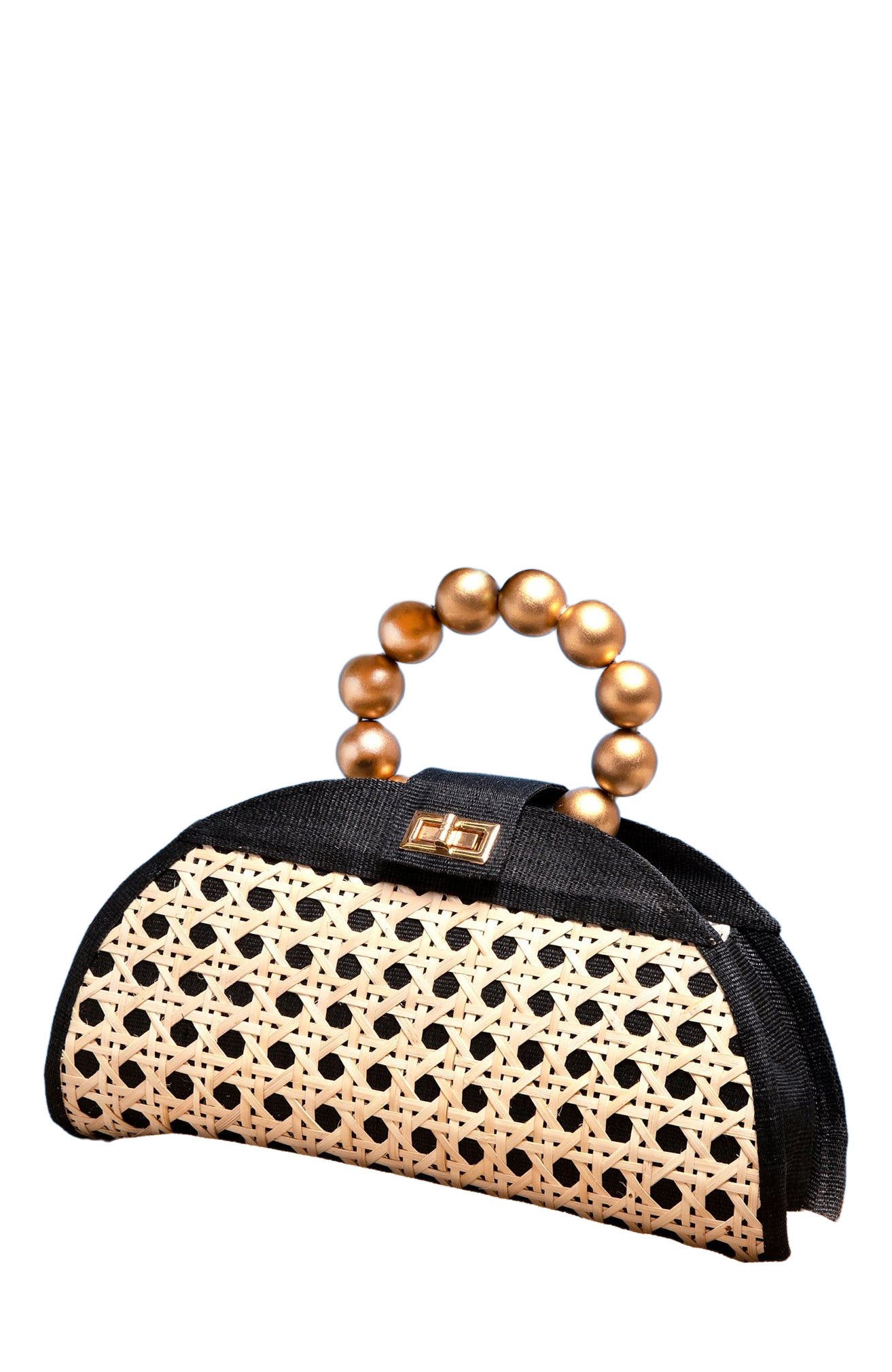 Soli & Sun THE ISABELLA Tan Rattan Solihiya Weave and Gold Bead Top Handle Statement Bag, Alternate, color, 